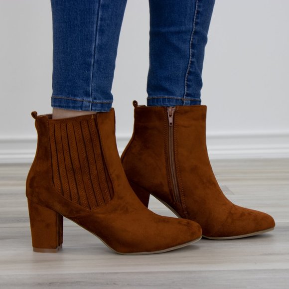 Vegan Suede Tan Bock Heel Ankle Bootie - Picture 8 of 8